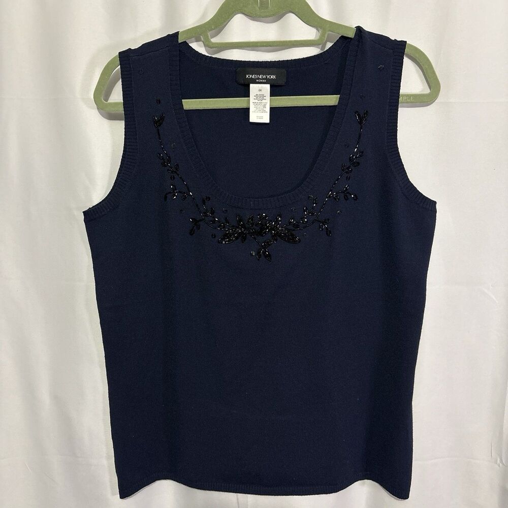 Jones New York 0X Navy Shell Tank Sweater Floral Beaded Formal Wedding Luxe